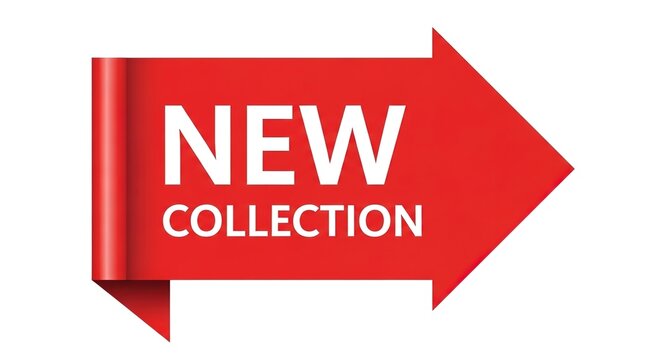 Red arrow banner with New Collection text. Glossy ribbon design with bold white typography. Promotional graphic element for retail marketing. E-commerce discount tag and sale sign for web
