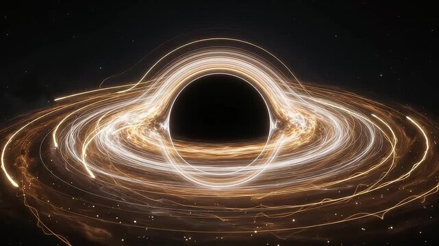 Cosmic black hole glowing with brilliant golden light streams and swirling dust rings against a deep, dark stellar background.