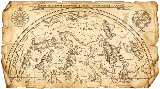 Vintage celestial chart of northern hemisphere constellations, antique parchment paper texture, sepia ink engraving style, historical astronomy art, highly detailed lines