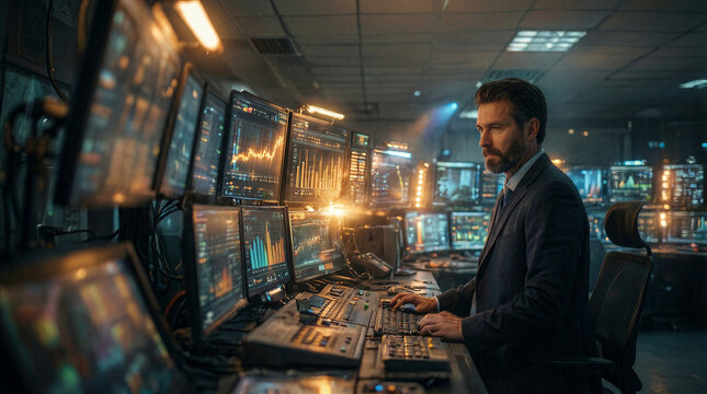 Central monitoring station technician operating banks of screens displaying wafer yield graphs under amber and blue lights
