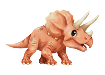 Watercolor triceratops dinosaur isolated PNG illustration, featuring a cute hand-drawn orange horned prehistoric creature cartoon character on a transparent background for digital design and crafting. © stockdevil