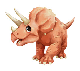 Watercolor triceratops dinosaur isolated PNG illustration, featuring a cute hand-drawn orange horned prehistoric creature cartoon character on a transparent background for digital design and crafting. © stockdevil