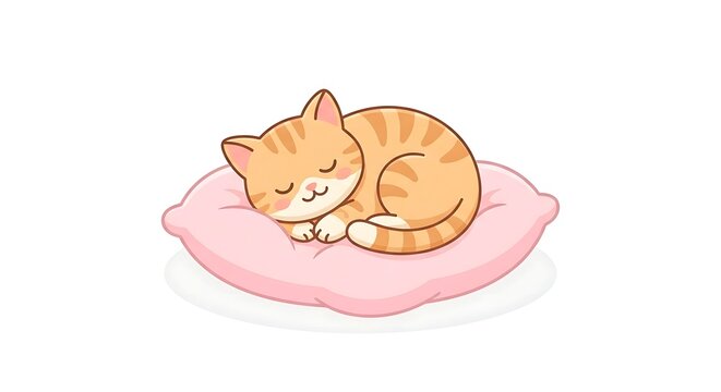 A cute ginger tabby cat sleeping peacefully curled up on a soft pink cushion on the floor.