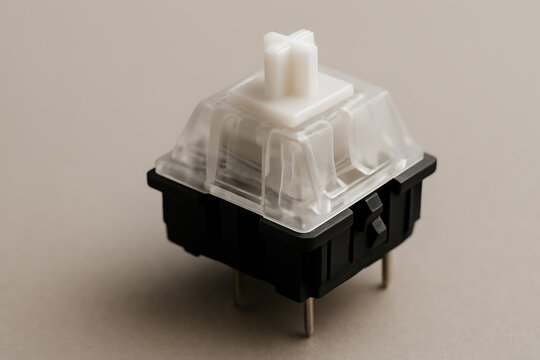 Mechanical keyboard switch macro close up on neutral background with transparent housing and tactile stem