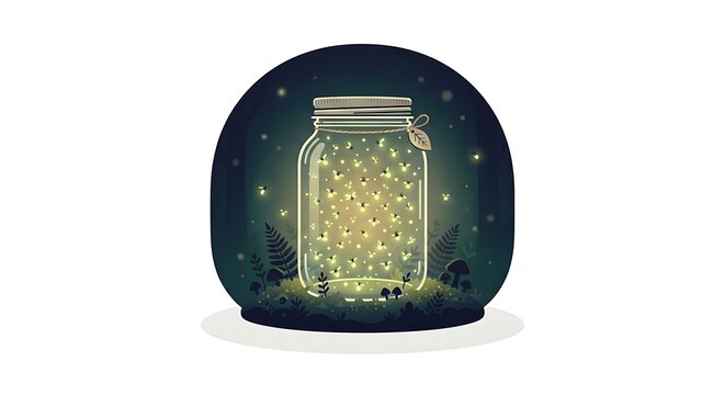 A glowing glass jar filled with magical fireflies sitting on moss in a dark forest at nighttime.