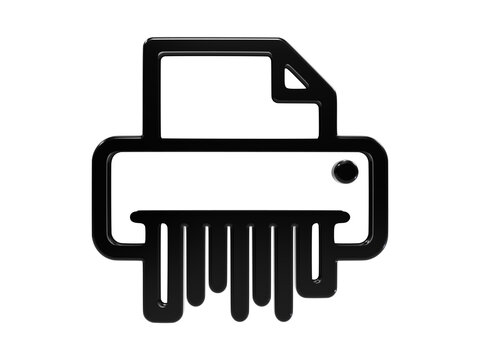 Black glossy paper shredder icon with documents for secure data destruction process.