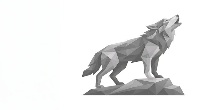 A low poly geometric wolf howling on a rocky cliff, rendered in shades of gray on white background.