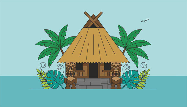 Flat illustration of serene coastal tiki hut features palm trees and ocean views designed to evoke summer vacation and tropical travel joy.