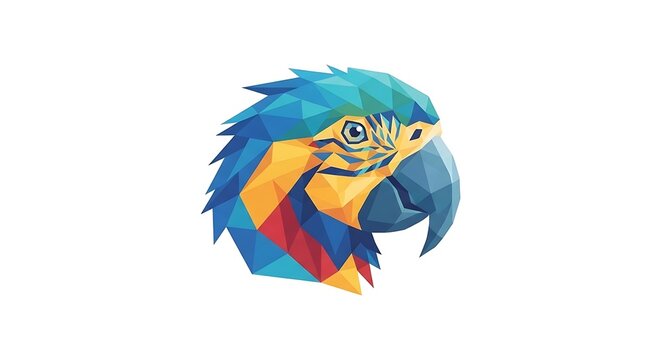 A vibrant low poly parrot head illustration featuring geometric shapes and bright tropical colors.