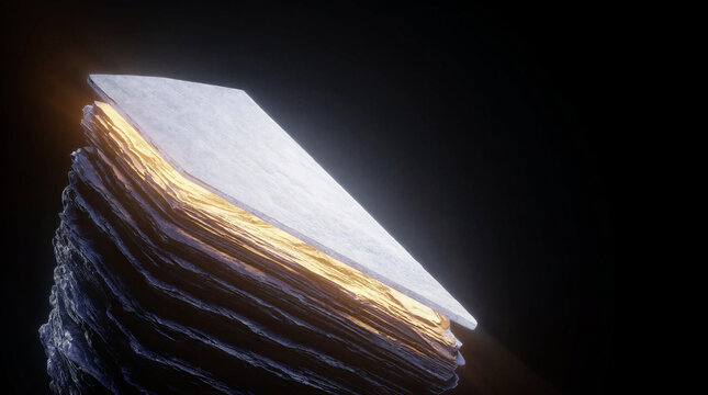 Foundational parity represented by layered slate rock and a geometric wedge in perfect equilibrium within a dark void