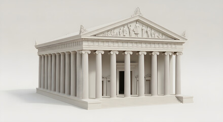 Obraz premium Detailed architectural 3D model of a classical Greek temple with Corinthian columns and ornate pediment isolated on a white background