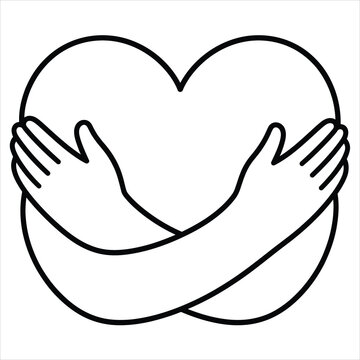 Self love and empathy icon featuring hands hugging a heart symbol representing mental health and compassion care.