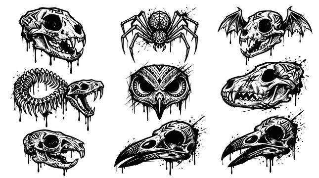 Spooky gothic animal skull and creature vector illustration set