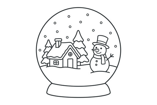 Charming snow globe featuring a cozy winter cottage, a smiling snowman, pine trees, and falling snow, black and white outline vector coloring page for kids.
