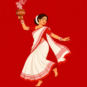 Bengali Woman Performing Traditional Dhunuchi Dance During Durga Puja