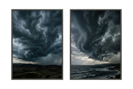 Dark storm clouds gathering over rolling hills and stormy ocean coastline