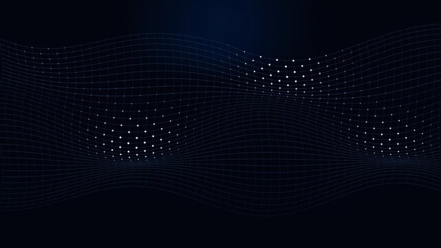 Abstract digital landscape featuring glowing dots on a dark wave mesh grid