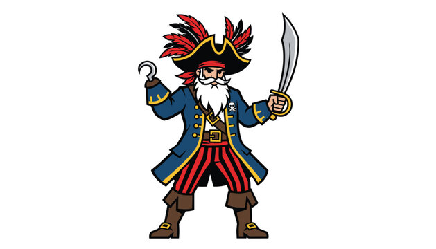 Full body portrait of a classic cartoon pirate captain with a hook hand red striped pants and a raised sword.