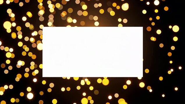 Golden bokeh lights framing rectangular blank copy space on dark luxury background.