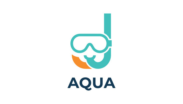 Modern business logo design for aqua featuring a stylized diving mask and snorkel icon in cyan and orange colors.