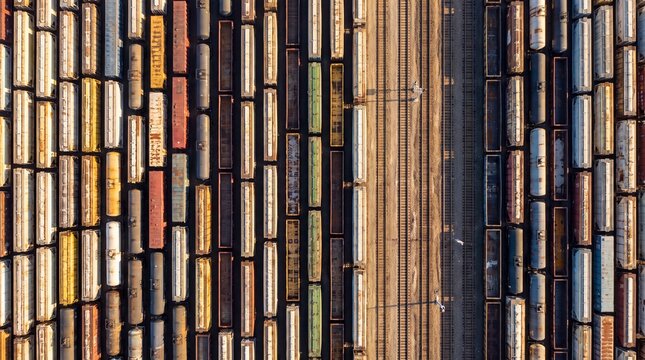 Aerial Top View of Colorful Freight Train Cars and Wagons Lined Up in Railway Yard at Sunset