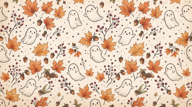 Seamless pattern with cute cartoon ghosts, autumn maple leaves, and acorns on a beige background