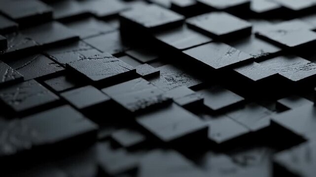 Abstract 3D render of dark grey charcoal cubes with rough stone textures. Features varying sizes and heights in a geometric layout with shallow depth of field.