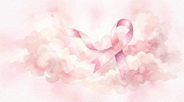 Watercolor illustration of a pink breast cancer awareness ribbon floating amidst soft, ethereal pink clouds, symbolizing hope and support
