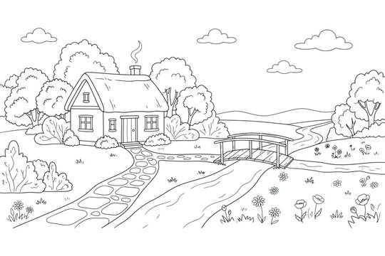 Charming cottage by a flowing river with a wooden bridge, stone pathway, and wild flowers, black and white outline vector coloring page for kids.