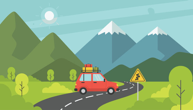Red car loaded with luggage driving on a winding mountain road during a sunny summer vacation road trip.