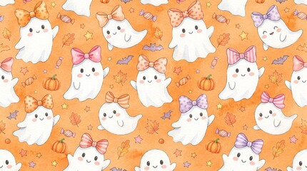 Obraz premium Cute halloween watercolor seamless pattern with ghosts, pumpkins, bats, and candy on orange background