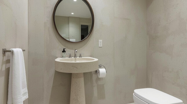 Minimal powder room with stone pedestal sink and round mirror creating calm interior