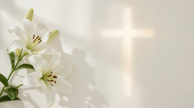 White lily beside sunlit cross shadow on pale wall conveys peaceful faith