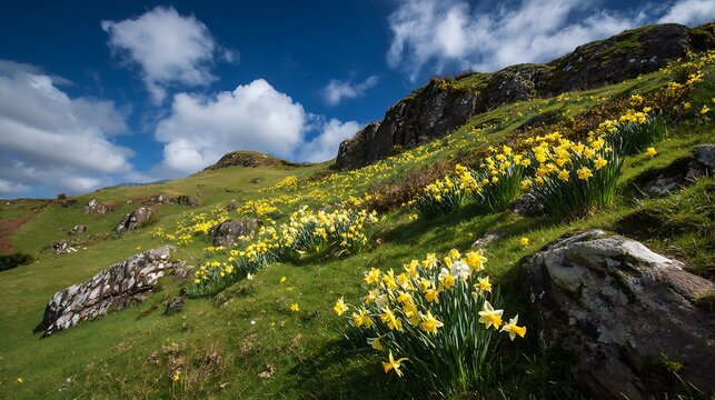 Field of blooming yellow daffodils on a grassy hillside under a blue sky with white clouds representing spring and natures beauty