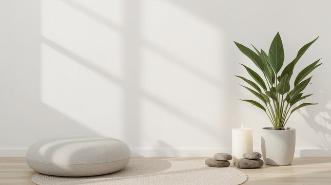 Minimal self care meditation cushion with indoor plant