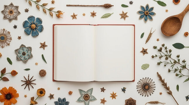 Open blank book surrounded by botanical ornaments, flower, spoon, and craft decoration
