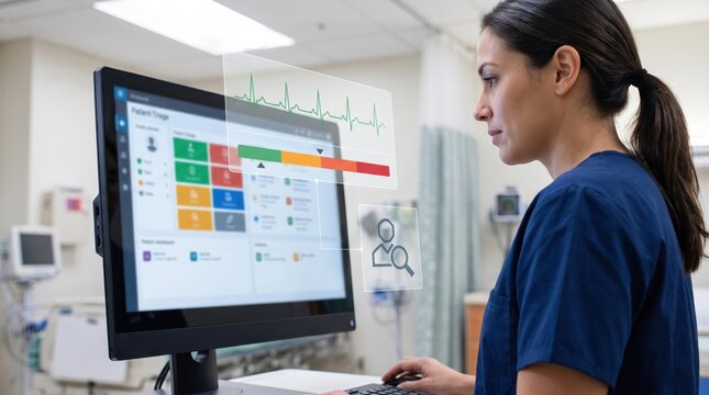 AI Health Signal Triage concept. Healthcare professional analyzing patient data on digital hospital monitor