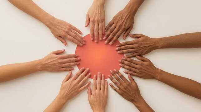 Diverse hands surrounding glowing center represent unity and collaborative support