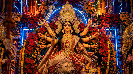 Obraz premium Statue of Hindu Goddess Durga with multiple arms holding weapons during Durga Puja festival celebration