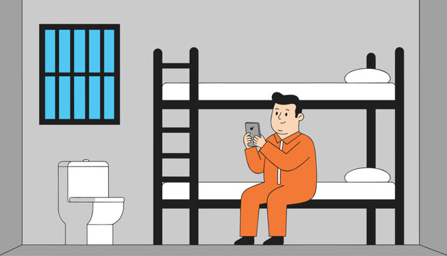 Smiling prisoner in orange jumpsuit sitting on a bunk bed in a prison cell while holding and looking at a smartphone.