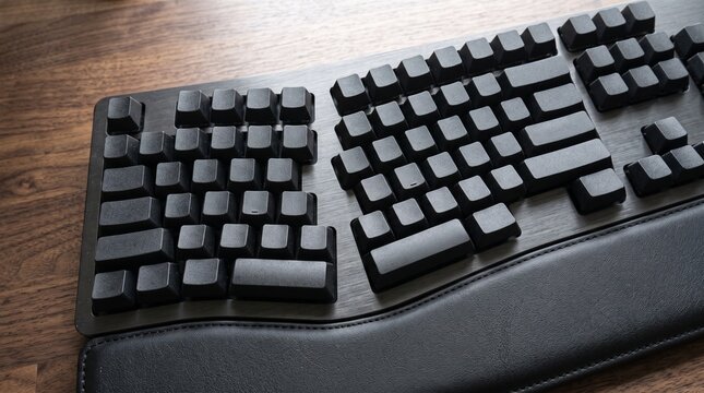 Accessible ergonomic split mechanical keyboard with black keys and leather wrist rest on wooden desk