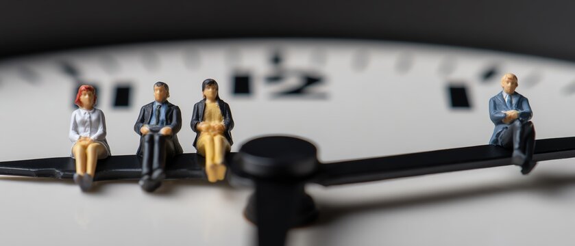 Miniature figures on clock symbolize time management.