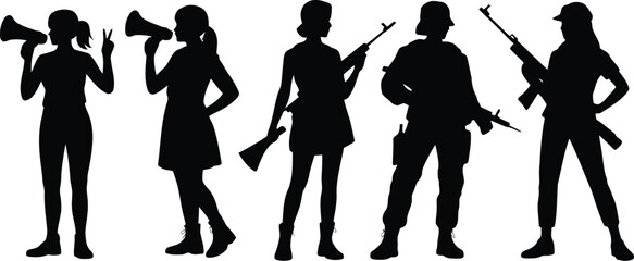 Naklejka premium Diverse group of people silhouettes with weapons and megaphones for protest design