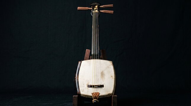 Traditional Japanese shamisen musical instrument displayed against a dark background