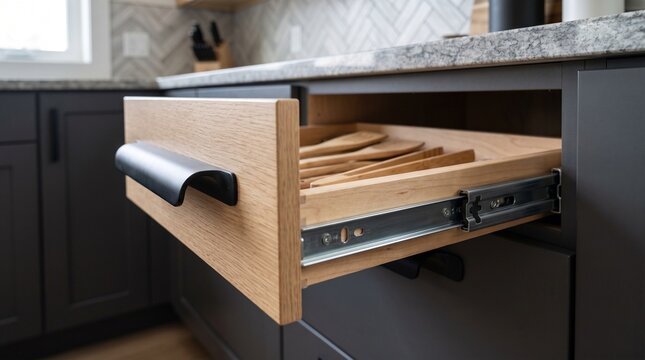 Accessible kitchen drawer open with wooden utensils neatly organized inside modern grey cabinets