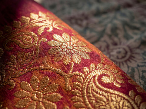 Close-up of Banarasi silk saree with intricate gold zari and floral brocade motifs, highlighting traditional handloom weaving and luxury textile craftsmanship from Varanasi, India