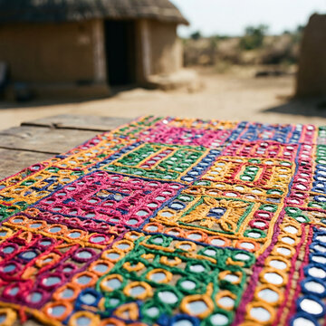 Close-up of colorful Kutch embroidery with traditional shisha mirror work and geometric patchwork patterns on a rustic wooden table beside a traditional bhunga in Gujarat, India
