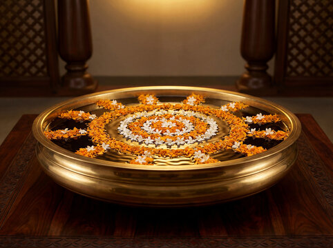 Kerala brass uruli with water and floating marigold and jasmine flowers in a decorative mandala, showcasing South Indian floral decor and traditional craftsmanship