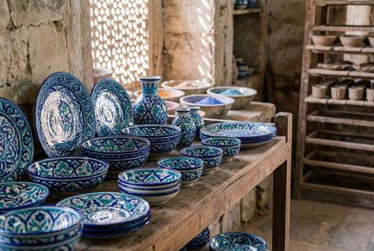 Jaipur blue pottery bowls, plates and vases with hand-painted floral motifs displayed in a traditional Rajasthan artisan workshop with jali window