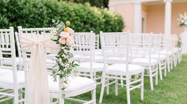 Elegant outdoor wedding ceremony setup with white chiavari chairs decorated with cream ribbons and lush pastel pink roses, eucalyptus, and yellow craspedia